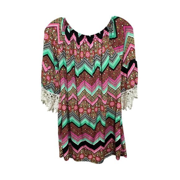 Win Win Top Womens Large Extra Large Sleeve Tunic‎ Pink Green Black White Lace - Picture 6 of 9